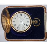 A Waltham full hunter gold plated pocket watch, boxed