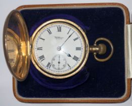 A Waltham full hunter gold plated pocket watch, boxed