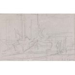 After LS Lowry Fishing Boats bears signature, pencil sketch, 6cm x 9.5cm