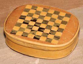 Treen - an early 20th century parquetry novelty rounded rectangular snuff box, the cover inlaid with
