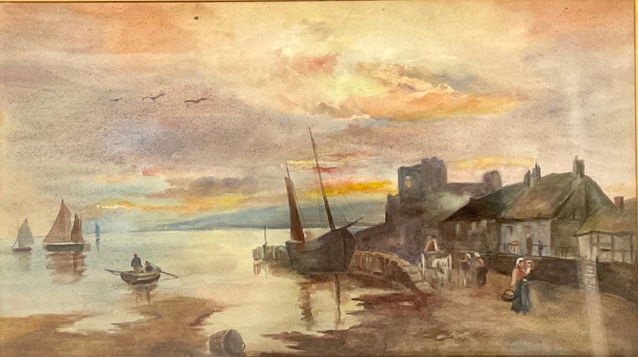 English School (Late 19th century) Fishing Village at Dusk watercolour, 25cm x 45cm