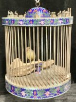 A Chinese cloisonne drum shaped bird cage, the cover mounted with animals of the Chinese zodiac,