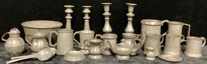 Pewter - various, spoons; two pairs of candlesticks; a Victorian brass mounted quart beer mug;