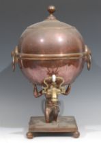 A Regency copper and brass figural pedestal samovar, the globular cistern supported by the