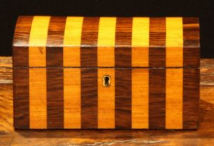 A 19th century satinwood-striped rosewood tea caddy, hinged domed cover, 10.5cm high, 20cm wide,