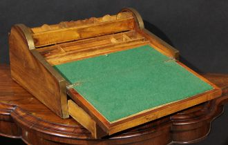 A Colonial brass mounted camphor military writing box, the tambour top opening in conjunction with