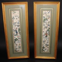 A pair of Chinese silk needlework sleeve panels, decorated in coloured threads with figures in