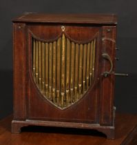 A George III mahogany and parcel-gilt table top chamber organ, the 29cm barrel, the tune sheet in