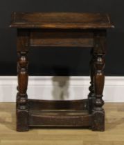 A 17th century design oak joint stool, rectangular top, turned and blocked legs, rectangular