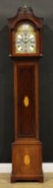 An Edwardian mahogany and marquetry longcase clock, 26cm arched brass dial inscribed Mason & Son