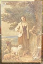 Circle of George Moreland Young Shepherdess verre églomisé mount, watercolour, 44cm x 29cm