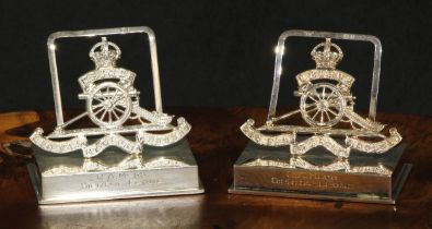 Military Regimental Silver - a pair of substantial George V silver menu holders, each with the