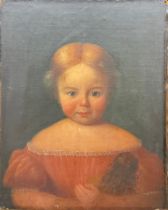 English School (19th century) Portrait of a Young Girl Holding a Doll, oil on canvas laid on