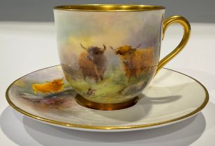 A Royal Worcester coffee cup and saucer, signed Stinton, painted with Highland Cattle, gilt