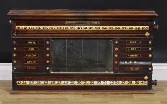 A late Victorian/Edwardian oak combination billiards, snooker and life pool scoreboard, by Burroughs