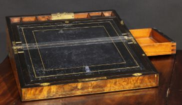 A Victorian burr walnut writing box, hinged cover enclosing a fitted interior, drawer to side,