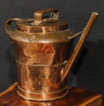 An Arts & Crafts copper watering can, hinged cover, girdled waist, 35cm high