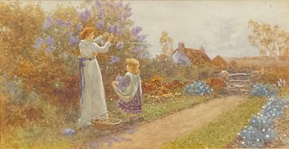 Thomas Lloyd (1849 - 1910) Gathering Blooms signed, dated 1899, watercolour, 18cm x 35cm