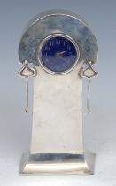 An Art Nouveau silver mantel timepiece, 4cm blue enamel clock dial inscribed with Arabic numerals,