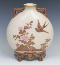 A Royal Worcester moon flask, in Japanesque style, in relief with bird and flowers, in colours