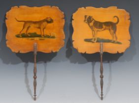 A pair of Regency hand screens, the shaped banners applied in decoupage with a coloured engraving