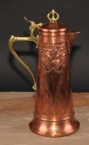 A WMF Art Nouveau copper and brass spreading cylindrical jug, embossed with stylised flower buds and