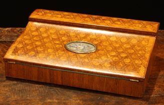 A 19th century kingwood parquetry writing box, hinged top and ogee folding cover enclosing a