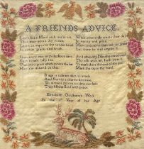 A Victorian needlework sampler, by Elizabeth Goulburn, In the 11th Year of her Age, worked in