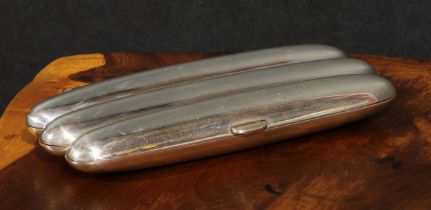 A George V silver three section cigar case, quite plain, gilt interior, 15cm long, Mappin & Webb,