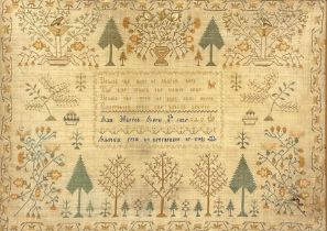 A George IV needlework sampler, by Ann Harrod, April 9th 1825, worked in coloured threads with