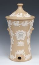 A 19th century salt glazed stoneware water filter, by Lipscombe & Co, London, sprigged in white with