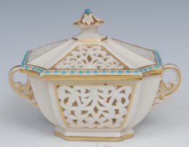 A Graingers Worcester reticulated two handled shaped rectangular box and cover, gilt line borders,