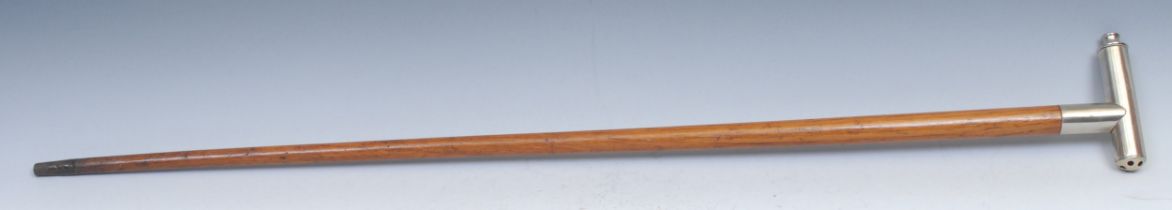 An early 20th century system cane siren walking stick, the nickel plated L-shaped handle enclosing a