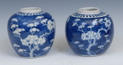 A Chinese ovoid ginger jar, painted in tones of underglaze blue with blossoming prunus on a ground