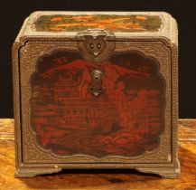 A Chinese lacquer table cabinet, decorated with a monumental landscape, phoenix, flowers and