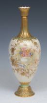 A Royal Crown Derby ovoid pedestal vase, painted with an urn of flowers, picked out in gilt on a