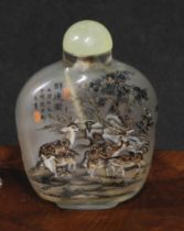 A Chinese inside painted flattened ovoid snuff bottle, decorated with verse, and goats grazing an