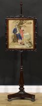 A William IV rosewood pole screen, rectangular woolwork banner depicting a sportsman and his dog,