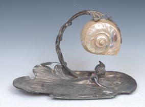 An Austrian Art Nouveau pewter table lamp, by Moritz Hacker, pearl nautilus shell shade, the figural