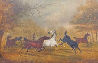 English School (19th century) Horses in a Storm oil on canvas, 34cm x 52cm