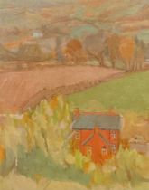 Manner of Vanessa Bell Red House in a Landscape signed, oil on board, 37cm x 29cm