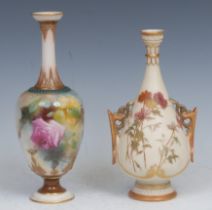 A Royal Worcester Hadley's style ovoid bottle vase, painted with roses, 18.5cm high, printed crown