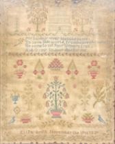 An early Victorian needlework sampler, by Eliza Smith, November the 19th 1839, worked in coloured