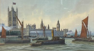 Frank Joseph Henry Gardiner (British, b.1942) Houses of Parliament from the Thames, London, signed