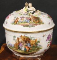 A Dresden porcelain circular tureen and cover, painted in polychrome with genre scenes and