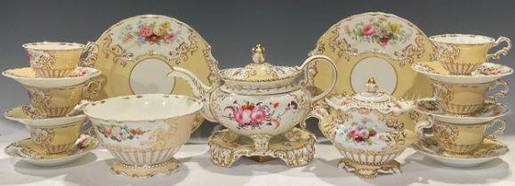A Copeland and Garrett Rococo style tea service, painted with bright summer blooms on a corn