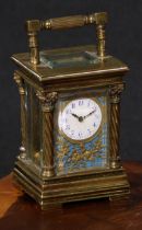 A late 19th century gilt brass miniature carriage timepiece, 2.5cm enamel clock dial inscribed