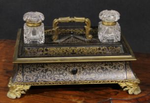 A large Regency ormolu mounted rosewood and brass marquetry rectangular inkstand, glass wells