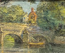 Attributed to Ronald Ossary Dunlop River, Bridge and Boat oil on board, 25.5cm x 30.5cm