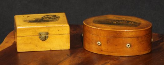 A 19th century Mauchline ware four-section cotton reel box, hinged cover transfer printed with a